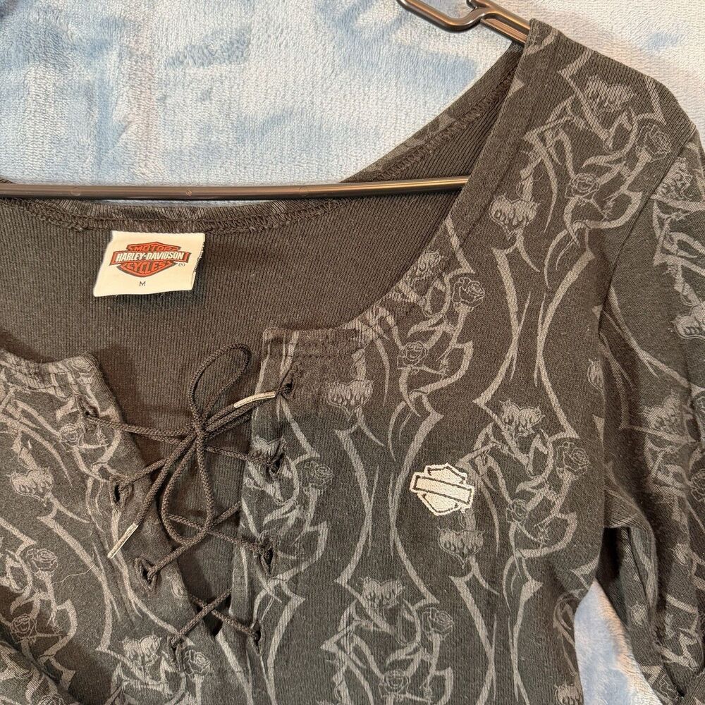 Vtg Y2K Harley Davidson Lace Up Long Sleeve Shirt M Tribal Rose Ribbed Holoubek